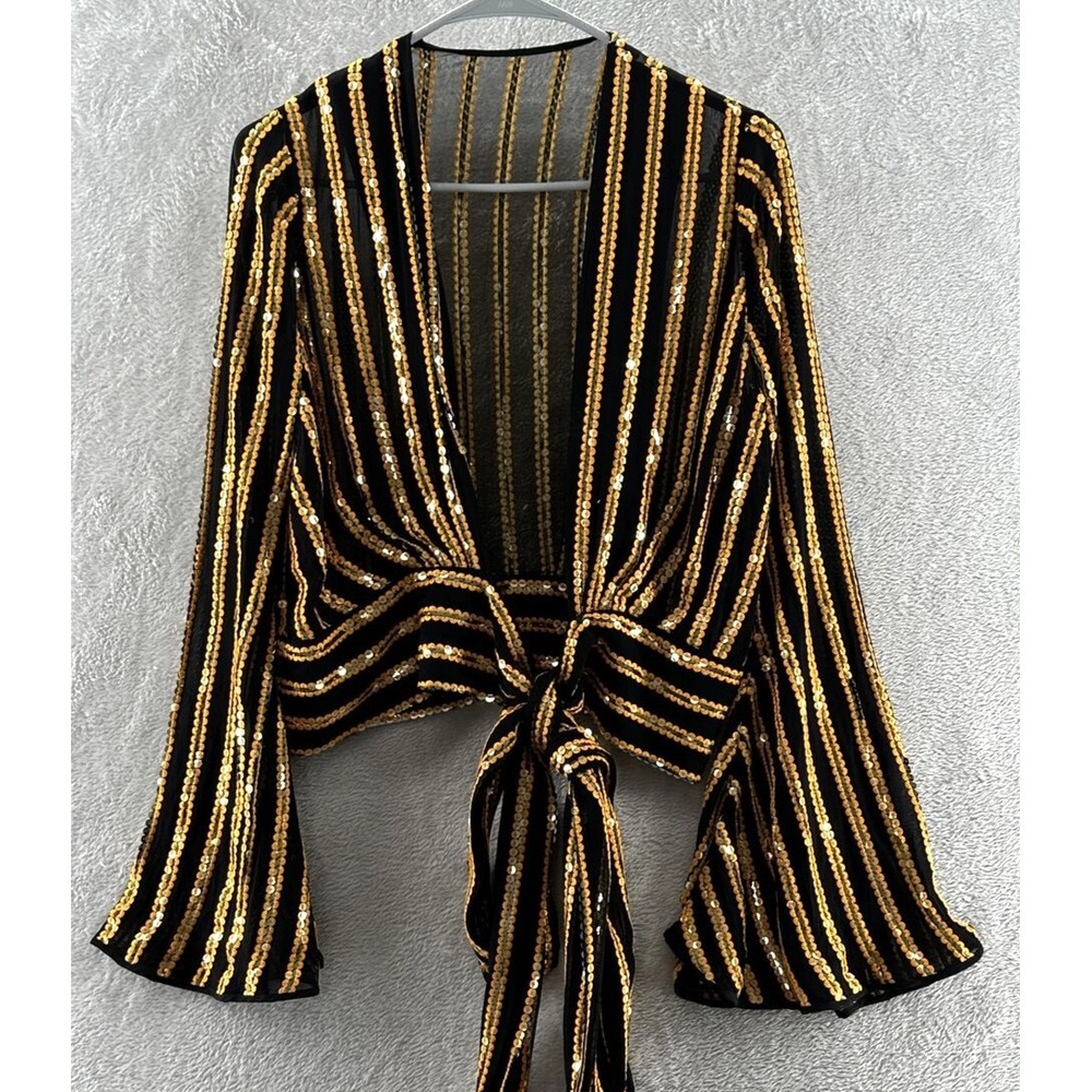 Galvan London Blouse Womens Sz 6 Black Sequin-Embellished Long Sleeve Wrap Tie